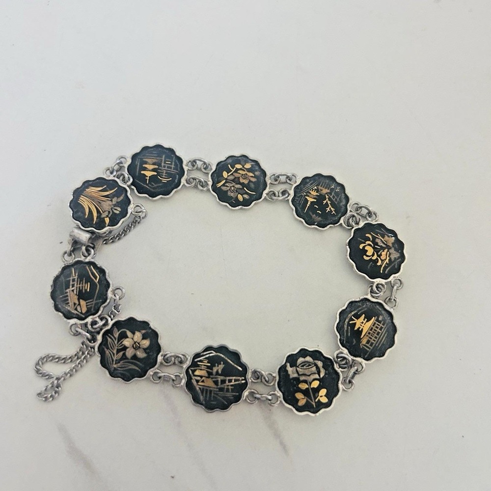 Vintage Japanese Damascene KOMAI Bracelet‎ Linked Gold & Silver Inlays 10 Scenes